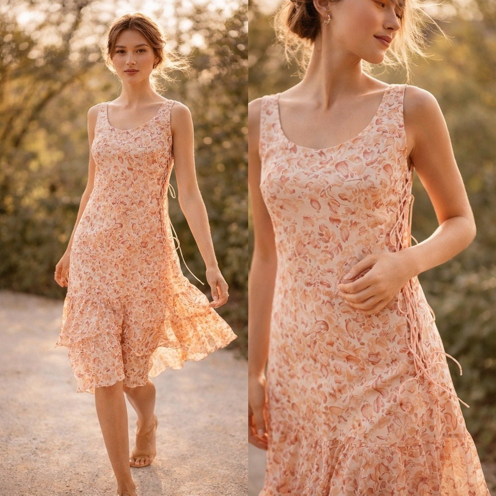 VTG 90s Petite Sophisticate Dress Floral Feminine Lace Up Sides Romantic‎ Tiered